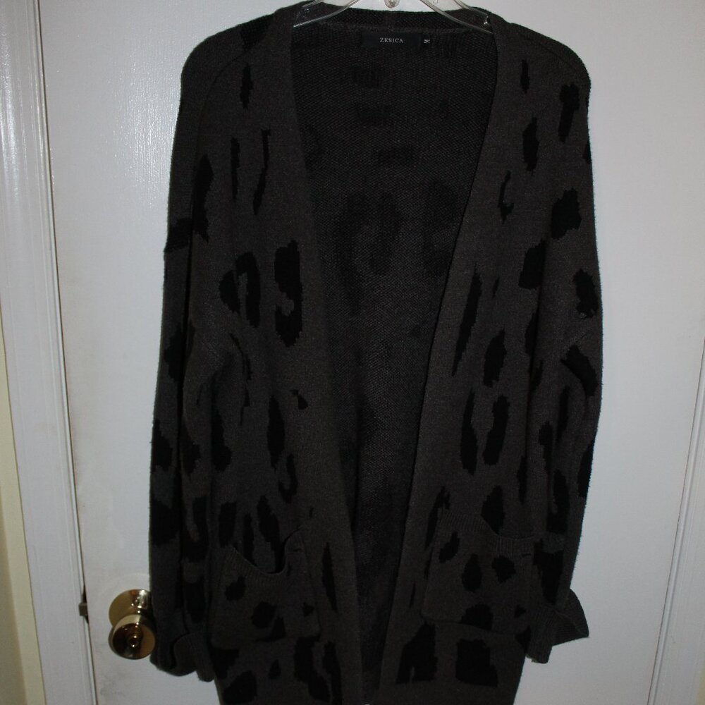 ZESICA Women's Open Front Leopard Print Knitted Sweater, Gray with Black spots